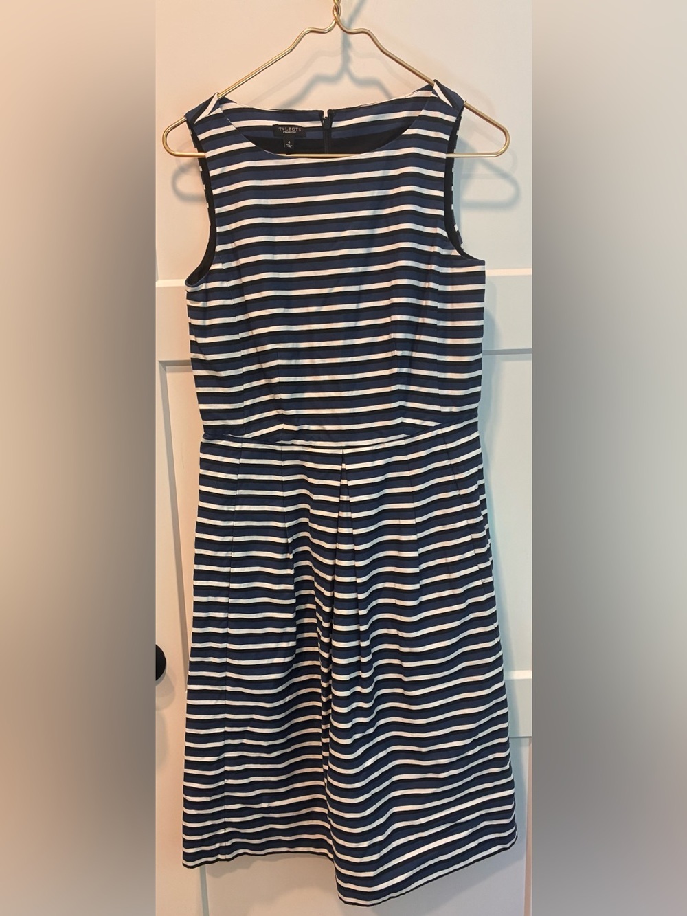 Talbots 100% Cotton Navy White Striped Fit & Flare Dress Classic Preppy Coastal